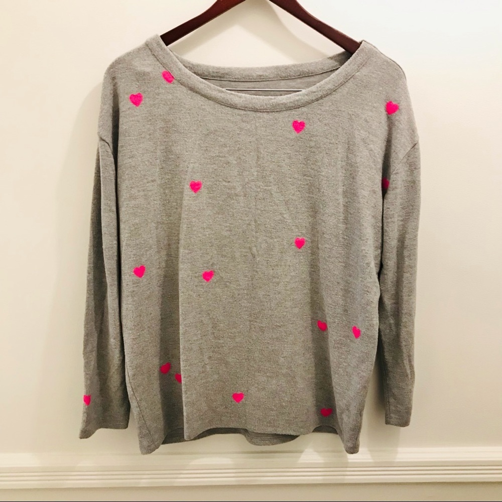 Chaser Tiny Heart Toss Sweatshirt Medium Hot Pink Gray Long Sleeve Shirt Top
